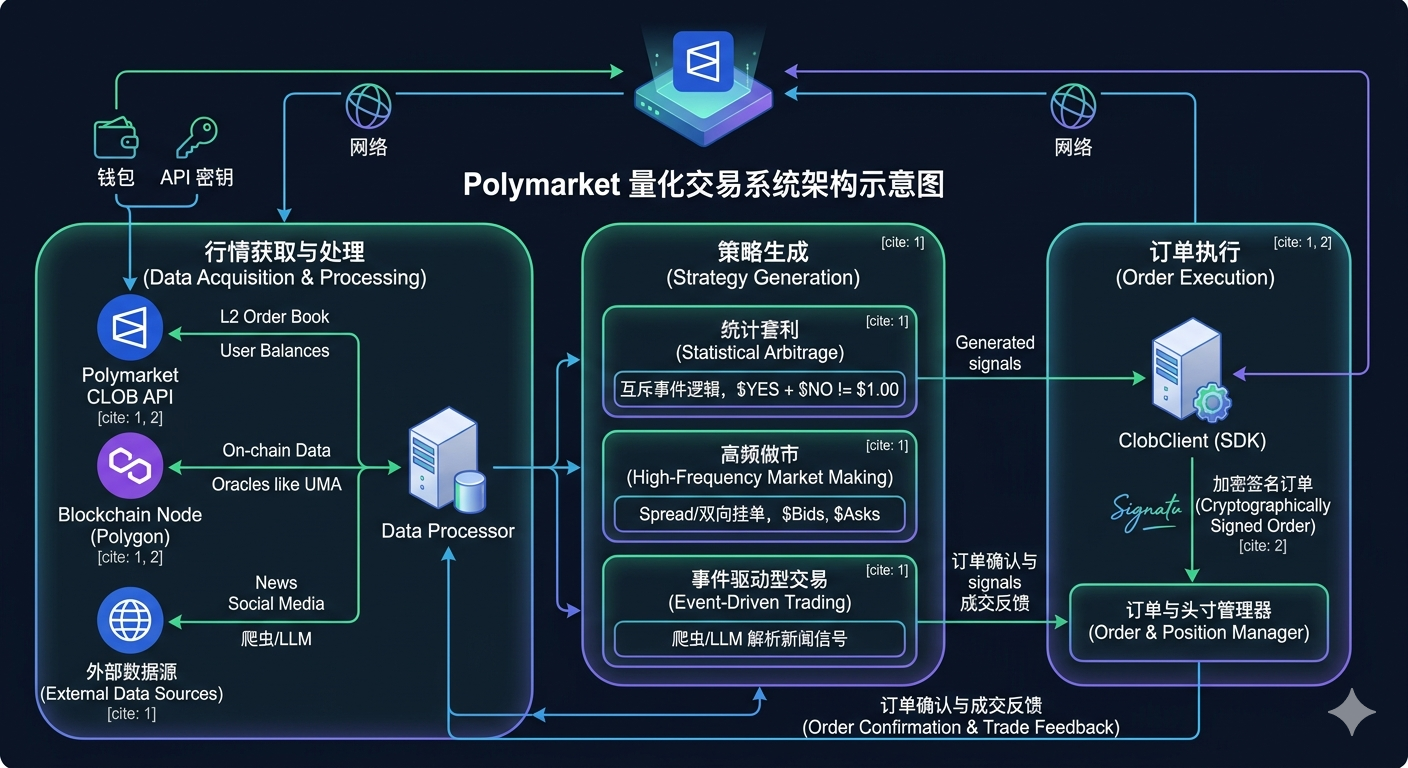 Polymarket CLOB 订单簿量化架构示意图